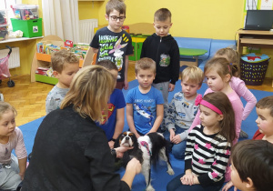 dzieci zgromadzone wokół psa Molly słuchają wiadomości podawanych przez jego opiekunkę