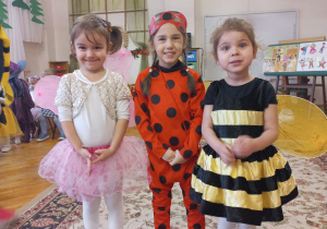 dziewczynki w kostiumach karnawałowych - księżniczka, biedronka, pszczółka