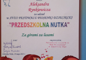 dyplom dla Aleksandra Rynkiewicza za udział w 18 Festiwalu Piosenki Dziecięcej "Przedszkolna Nutka" "Za górami za lasami"