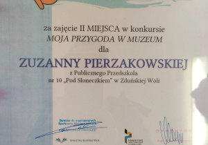 dyplom za II miejsce w konkursie "Moja Przygoda w Muzeum" dla Zuzanny Pierzakowskiej