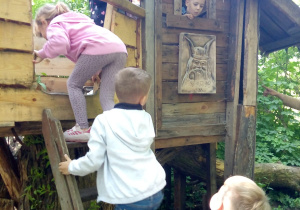 dzieci wchodzą po drabince do drewnianego domku