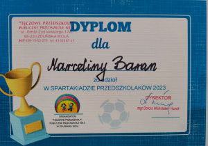 dyplom dla Marceliny Baran za udział w Spartakiadzie Przedszkolaków 2023
