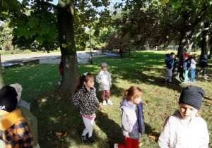 dzieci chodzą między drzewami