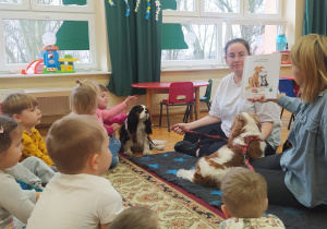 przedszkolaki słuchają opowiadania czytanego przez opiekunkę psów
