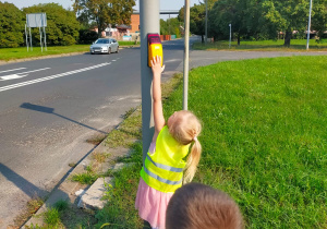 dziewczynka wciska przycisk dla pieszych włączający świato zielone na przejściu dla pieszych