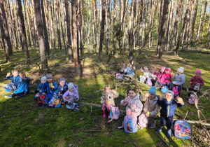 piknik w lesie - przedszkolaki siedzą na powalonym drzewie i jedzą łakocie ze swoich plecaków