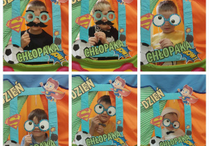 chłopcy w foto budce z okularami i śmiesznymi oczami