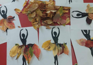 prace plastyczne - jesienne baletice z wykorzystaniem naturalnych okazów liści