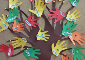 praca plastyczna - jesienne drzewo z wykorzystaniem konturów dłoni dzieci wyciętych z kolorowego papieru