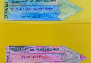 prace dzieci - kredki z napisem pasowanie na przedszkolaka