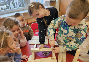 chłopiec skręca elementy karmnika z pomocą koleżanki